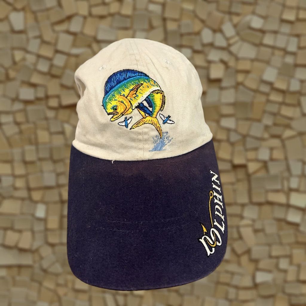 Vintage Just Hook Em Hat w/ Neck Flap Fishing Cap Embroidered Sail Fish Dolphin Beige Size ONE SIZE - 1 Thumbnail