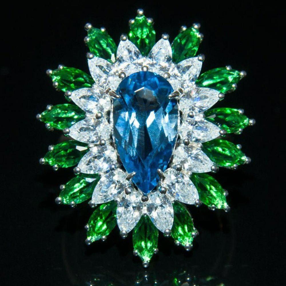 Designer 25mm Pear Cut Blue Water Drop Topaz Flower Ring - Size 6 Size ONE SIZE - 4 Thumbnail
