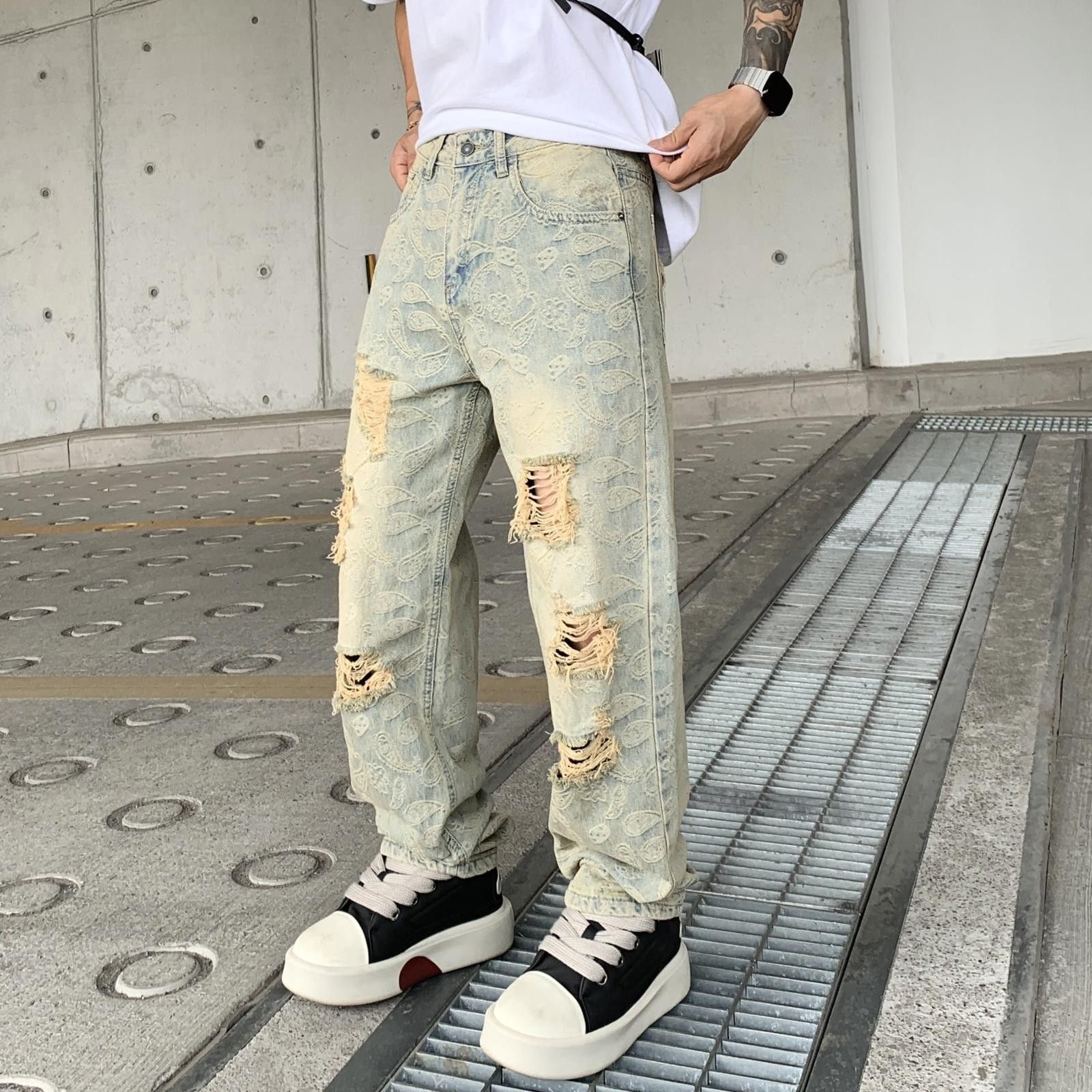 Japanese Brand Distressed Paisley Ripped Straight Jeans Size US 32 / EU 48 - 1 Thumbnail
