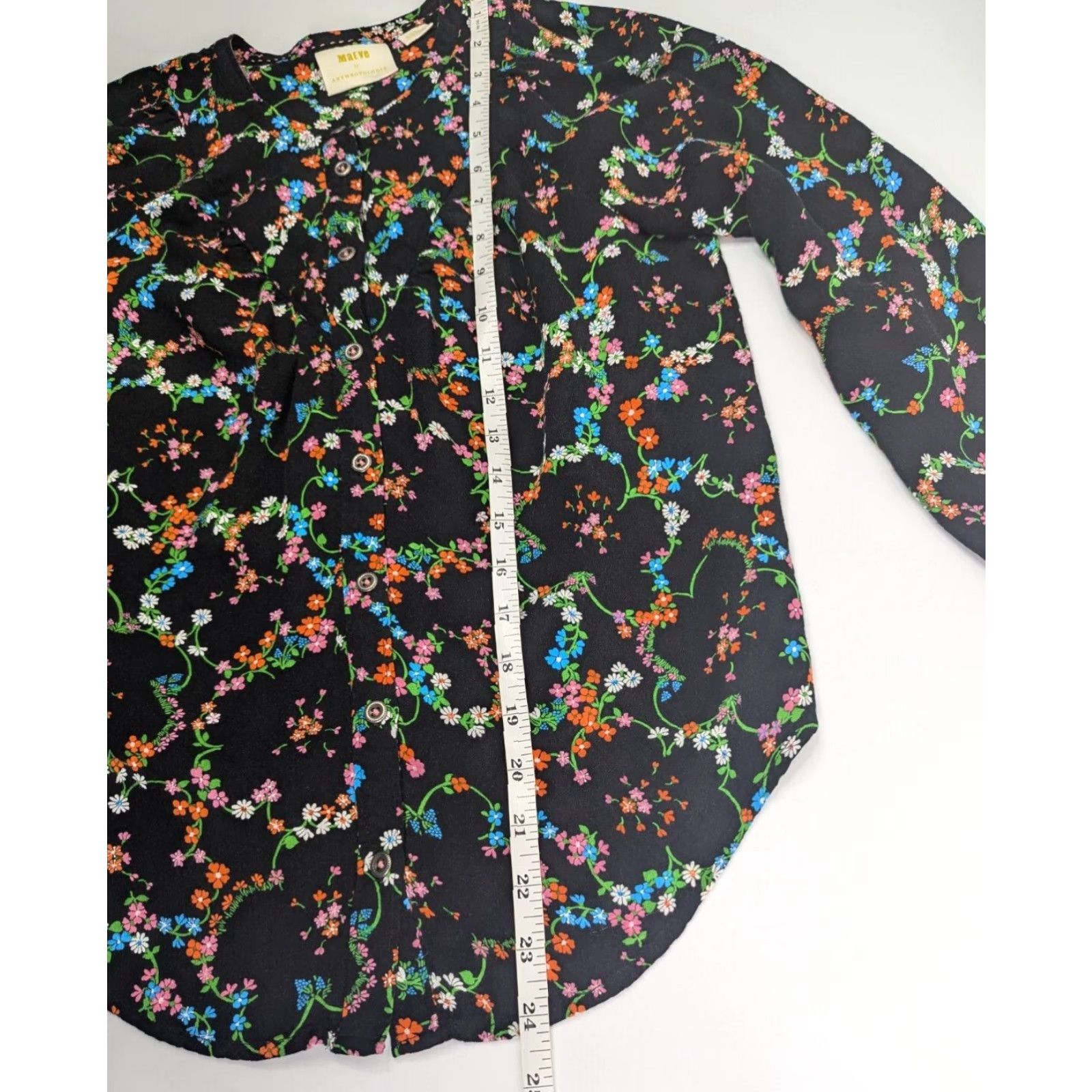 Anthropologie Maeve by Anthropologie Women's Avignon Button Down Black Floral Blouse XS Regular Crew Neck Button Long Sleeve Lightweight Summer Size XS / US 0-2 / IT 36-38 - 4 Thumbnail
