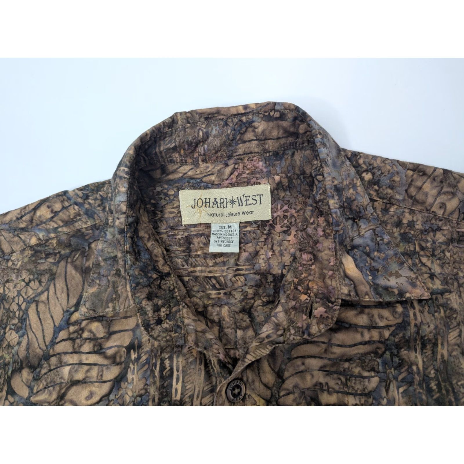 Vintage Johari West Shirt Mens Medium Brown Batik Leaf Hawaiian Abstract Button Up Size US M / EU 48-50 / 2 - 6 Thumbnail