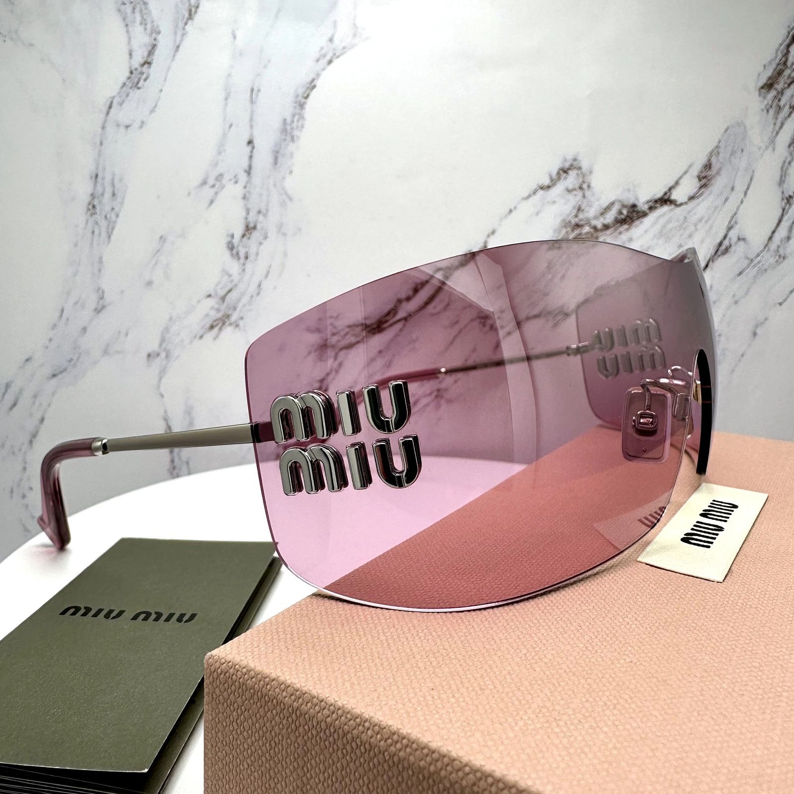 Miu Miu New MIU MIU Sunglasses Silver Pink Mirror Rimless Wrap Size ONE SIZE - 6 Thumbnail