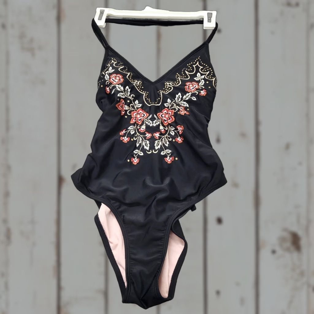 Vintage Xhilaration One Piece Swimsuit Womens Size Small Black Lace Up Back Embroidered Size ONE SIZE - 1 Thumbnail