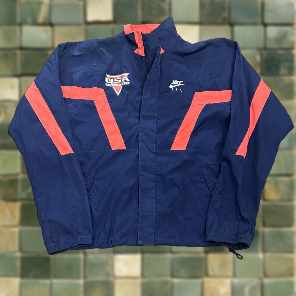VINTAGE Nike FIT USA Track & Field Windbreaker Jacket L Men Blue Nylon Windbreaker USA Made