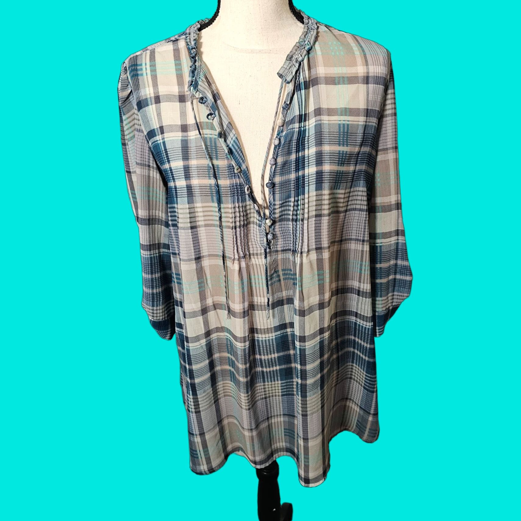 Vintage New York & Company Blouse Women's Large Blue Plaid V Neck Roll Tab Sleeve Sheer Size L / US 10 / IT 46 - 1 Thumbnail