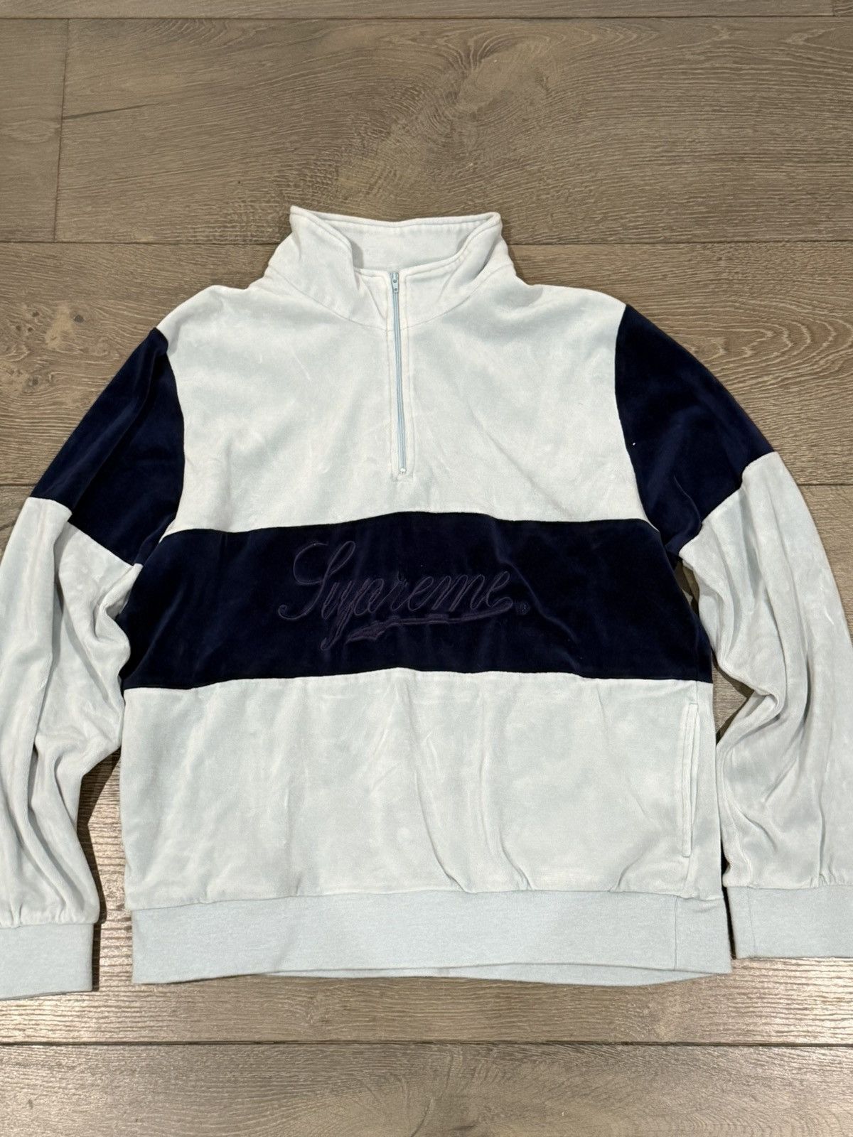 Supreme Supreme Script Logo Velour Half Zip Pullover Light Blue/Navy Size US L / EU 52-54 / 3 - 1 Thumbnail