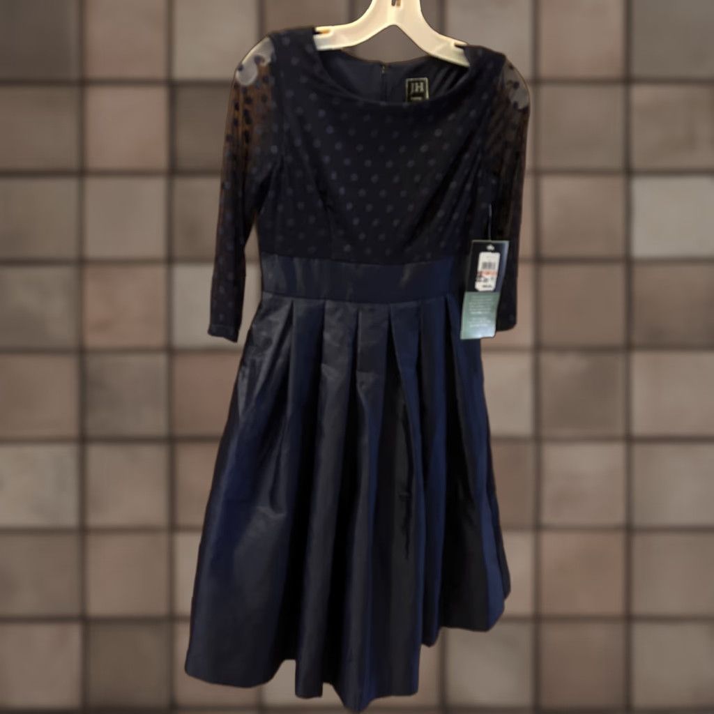 Etro VINTAGE JH Evening Women Dress Retro 50s Polka Dot Knee Length Fit & Flare Petites Navy Blue Size 2P Size XS / US 0-2 / IT 36-38 - 1 Thumbnail