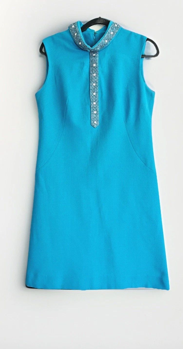 Other Vintage 1960Turquoise Blue Sleeveless Shift Cocktail Dress Size M / US 6-8 / IT 42-44 - 2 Thumbnail