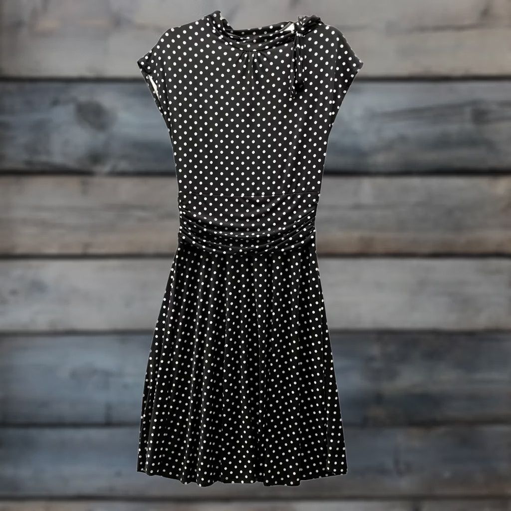 Vintage Folter Polka Dot Tie Neck Dress L Black Cap Sleeve Jersey Punk Dress Length Knee Length 90s? Size L / US 10 / IT 46 - 1 Thumbnail