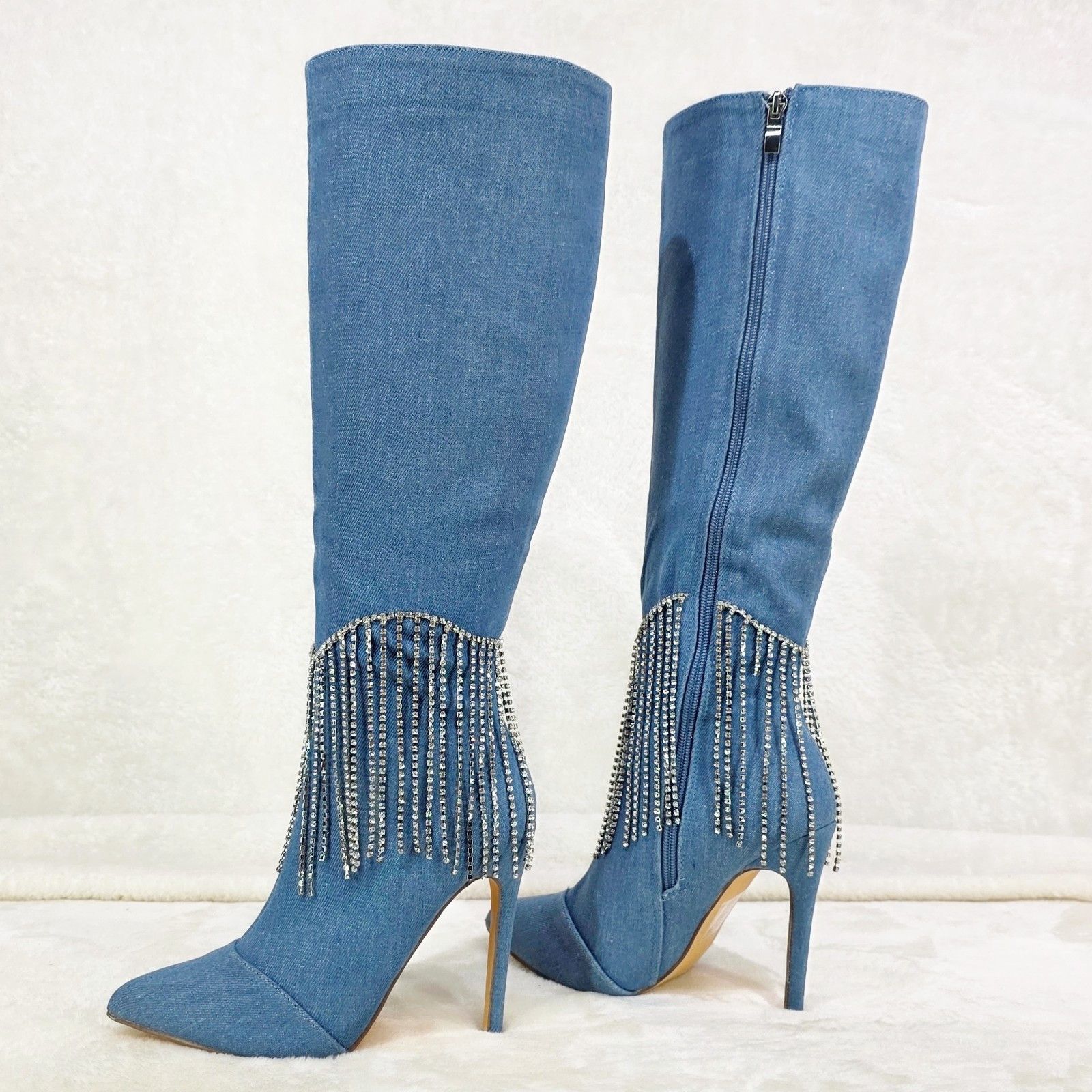 Other Sway Denim Knee High Boots Stiletto Heels Icicle Fringe (US Size US 9 / IT 39 - 3 Thumbnail