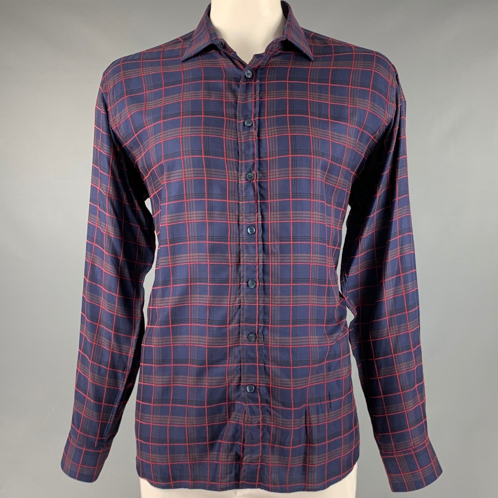 Etro XL Navy Red Plaid Lyocel Cotton Button Up Long Sleeve Shirt Size US XL / EU 56 / 4 - 1 Thumbnail