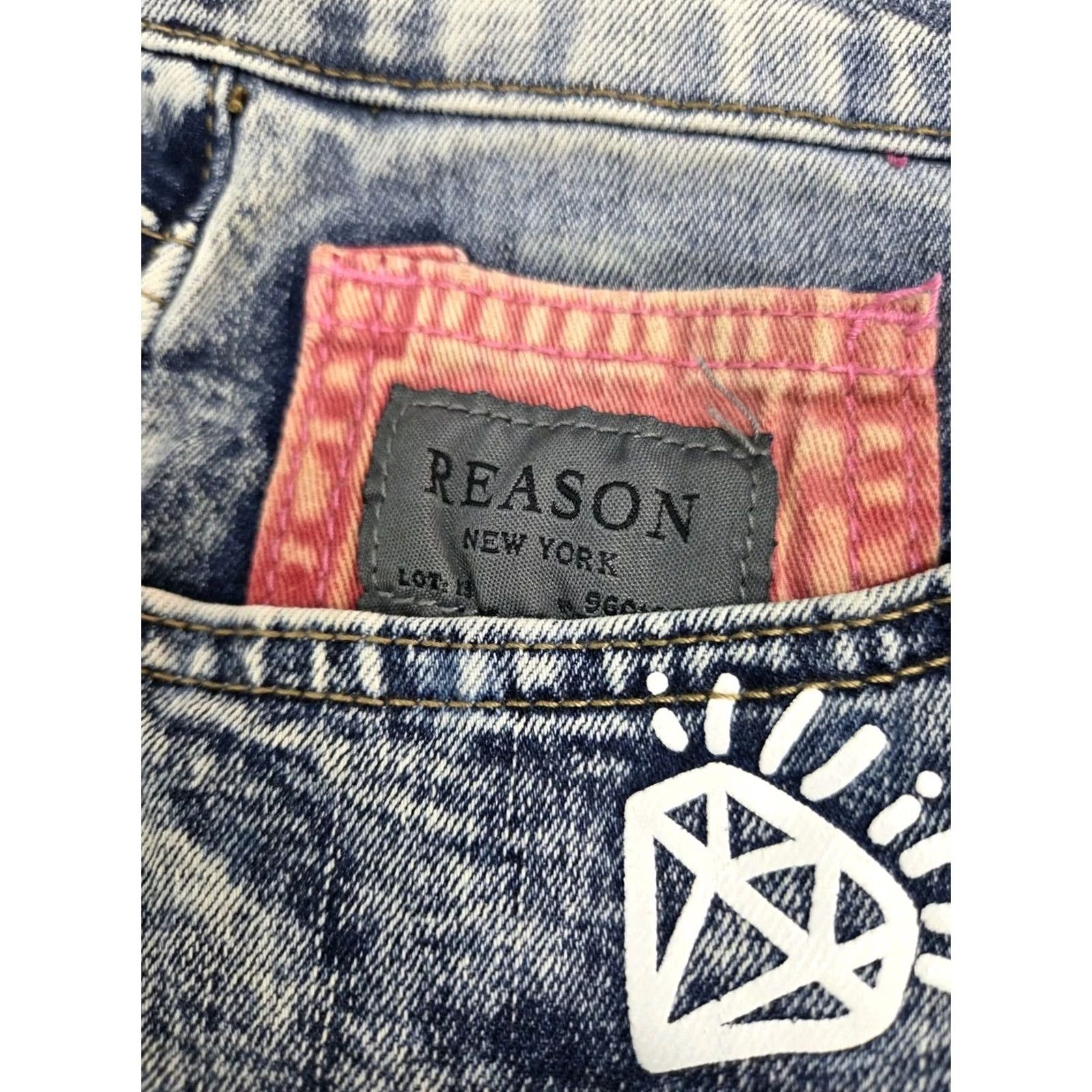 Reason REASON Supply Co. Jeans Men 31 Stretch Graphic Paint Denim Zip 32 Inseam Multicolor Medium Wash Distressed Logo Pockets Straight Across Seasons Size US 31 - 5 Thumbnail