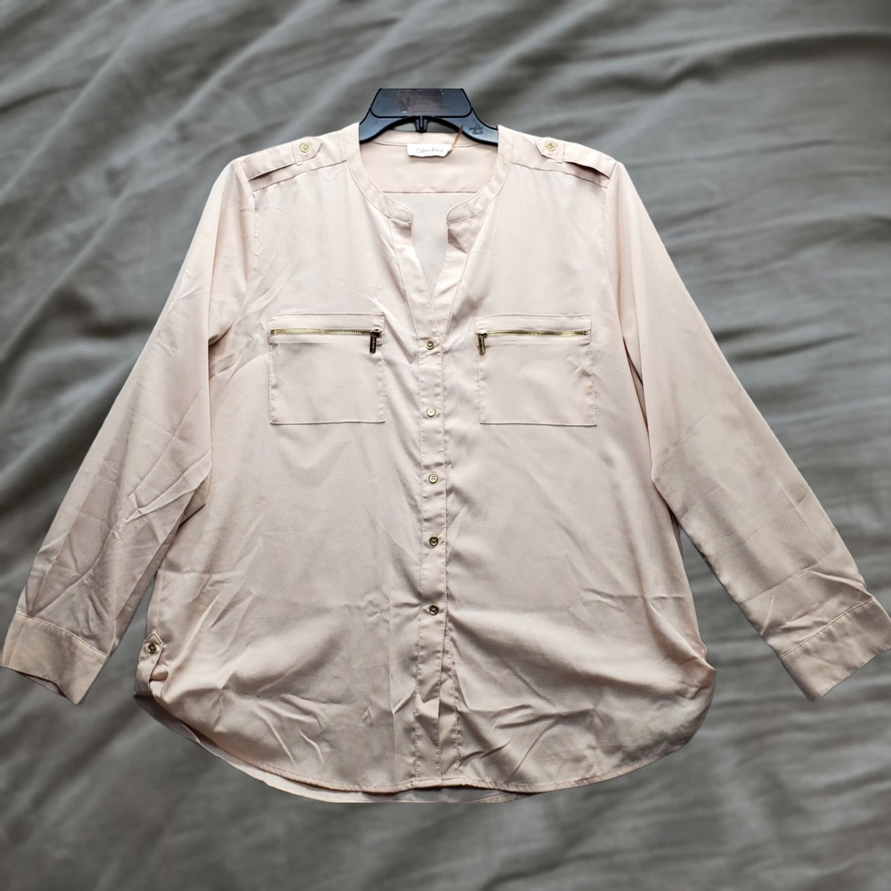 Calvin Klein Calvin Klein Blouse Womens XL Pink Roll Tab Sleeve Zipper Pockets Button Front Blouse Womens XL Pink Modern Casual 90s Outdoor Womens Size XL / US 12-14 / IT 48-50 - 1 Thumbnail