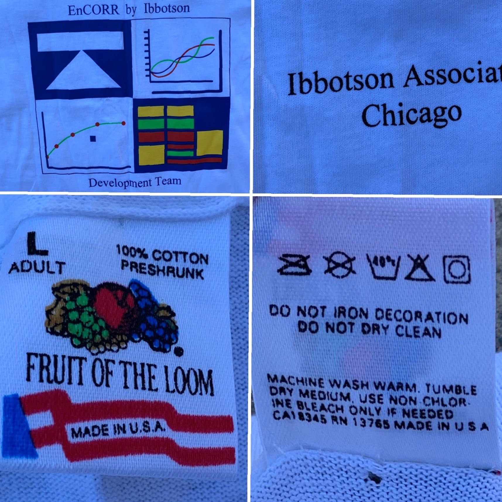 Fruit Of The Loom VINTAGE EnCORR by Ibbotson Development Team T-Shirt Unisex L 1990s White 100% Cotton Short Sleeve Graphic Tee USA Mens/Womens Size US L / EU 52-54 / 3 - 4 Thumbnail