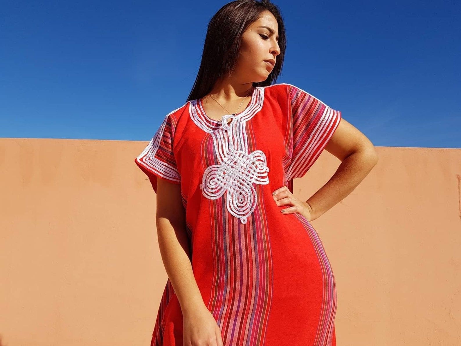 Designer × Handmade Moroccan Bohemian Red Kaftan For Women Size ONE SIZE - 3 Thumbnail