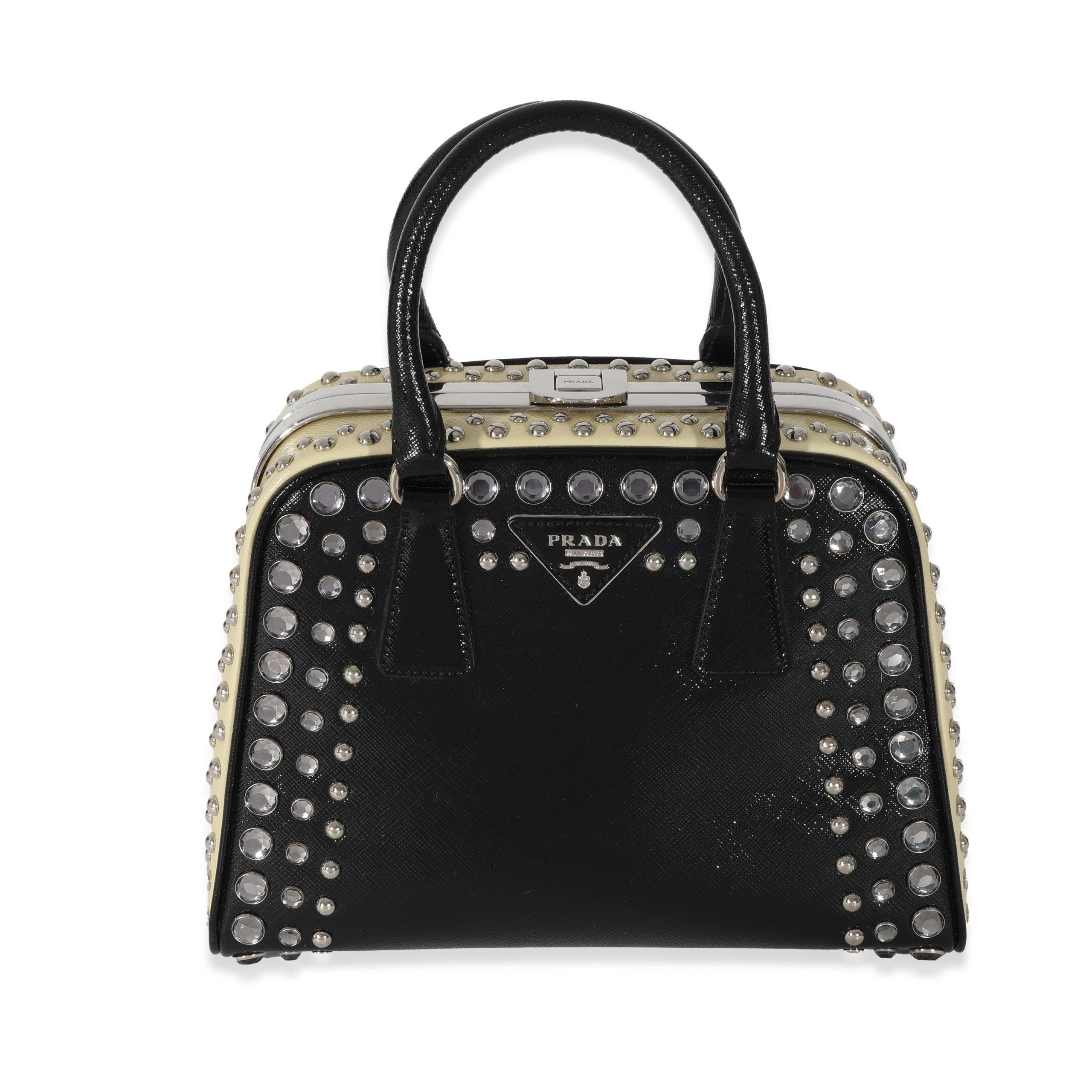 image of Prada Black White Saffiano Patent Pyramid Studded Frame Satchel, Women's