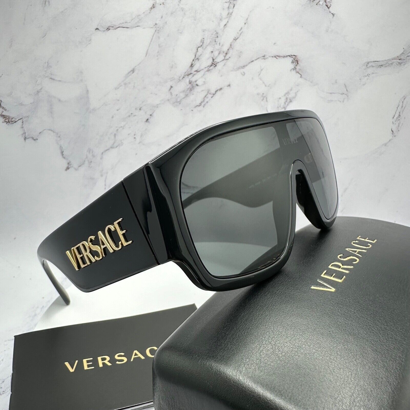 Versace New VERSACE Sunglasses Black Aviator Wrap Shield Runway Gold Size ONE SIZE - 2 Thumbnail