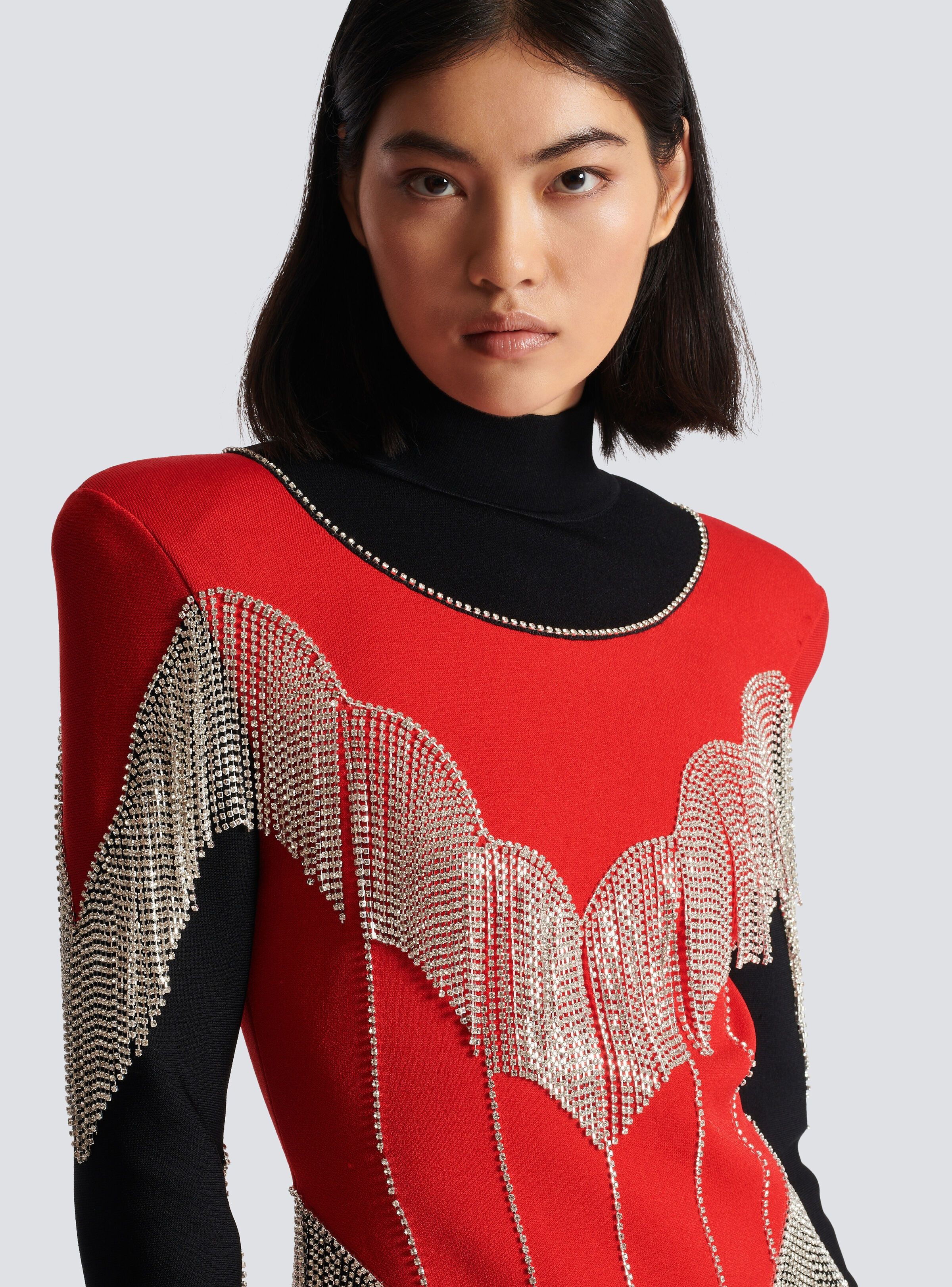 Balmain o1s1wg110825 Fringed Knit Dress in Black/Red Size XL / US 12-14 / IT 48-50 - 6 Thumbnail