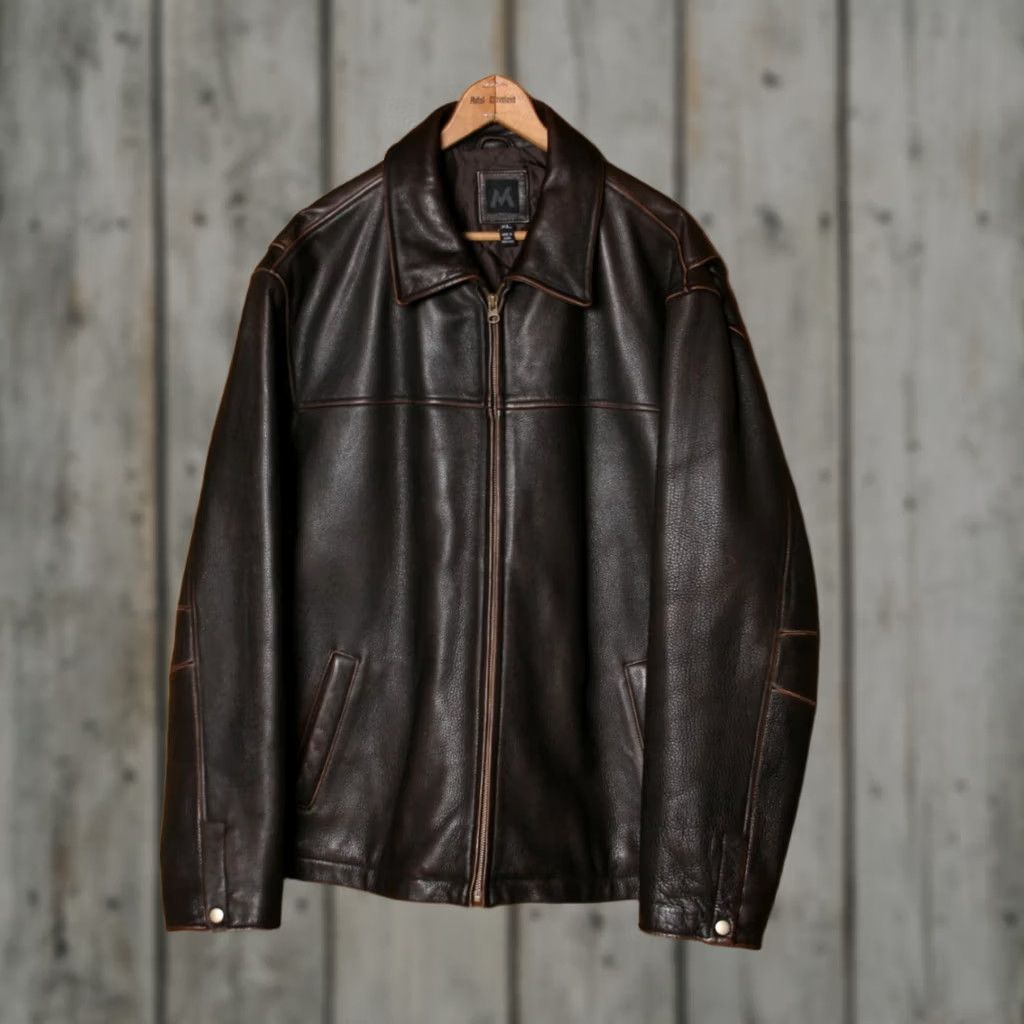 Vintage MEMBER'S MARK Brown Leather Moto Jacket XL Insulated Lined Pebbled Quilt Zip Mens Jacket Biker Winter Fall Spring Size US XL / EU 56 / 4 - 1 Thumbnail