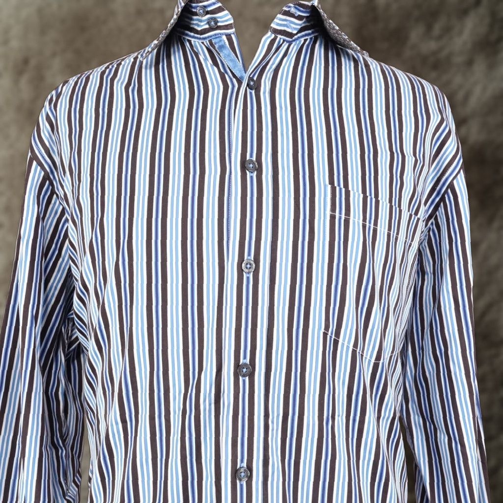 BUGATCHI VINTAGE Bugatchi Uomo Shirt Mens 2XL Long Sleeve Cotton Blue Brown Striped Business Casual Modern Fit Size US XXL / EU 58 / 5 - 1 Thumbnail