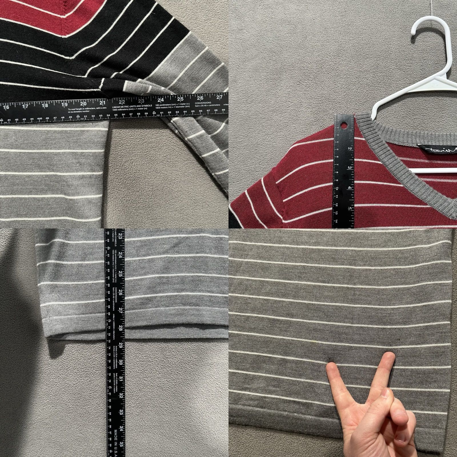 TravisMathew Travis Mathew Sweater Mens Large Gray Red Black Striped V-Neck Merino Wool Blend Size US L / EU 52-54 / 3 - 8 Thumbnail