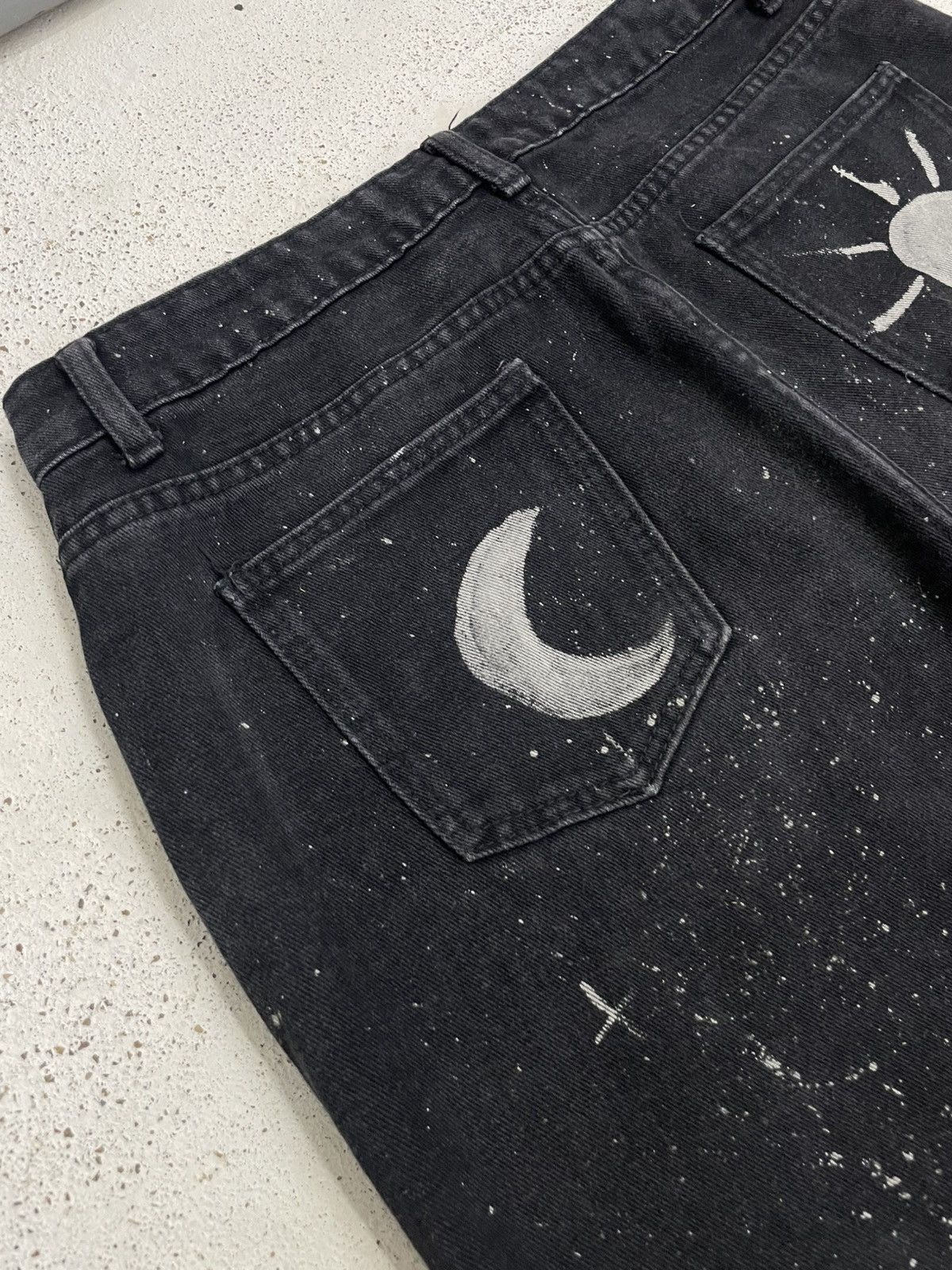 Japanese Brand Wide Distressed Denim Y2K Star Moon Painting Custom Paint Size US 31 - 20 Thumbnail