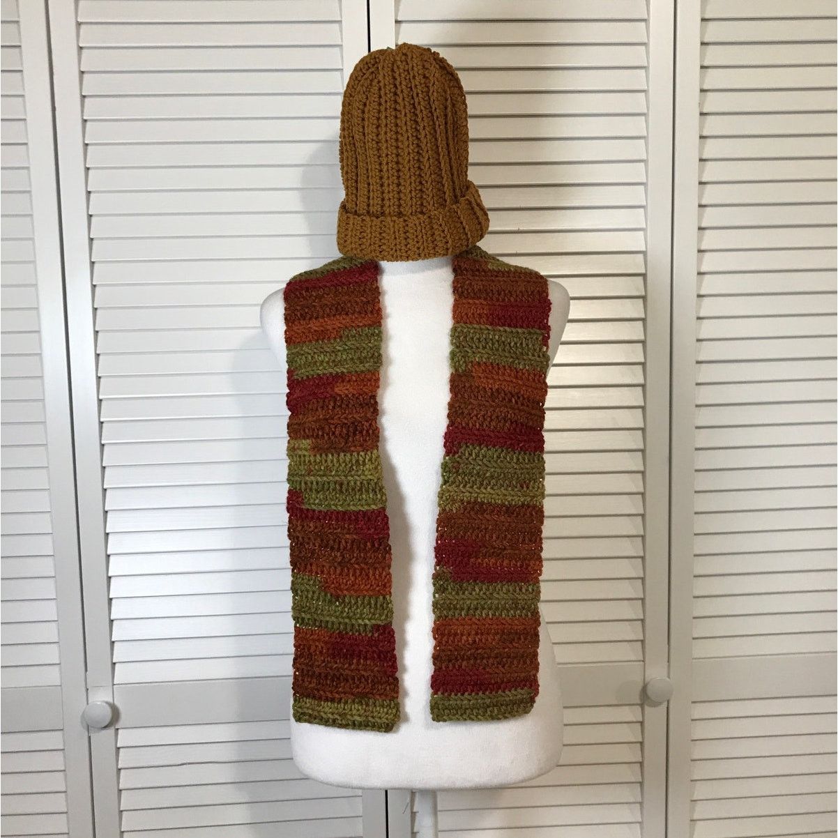 Handmade NWT Handmade Crocheted Brown Multicolor Beanie & Scarf 51” Size ONE SIZE - 1 Thumbnail