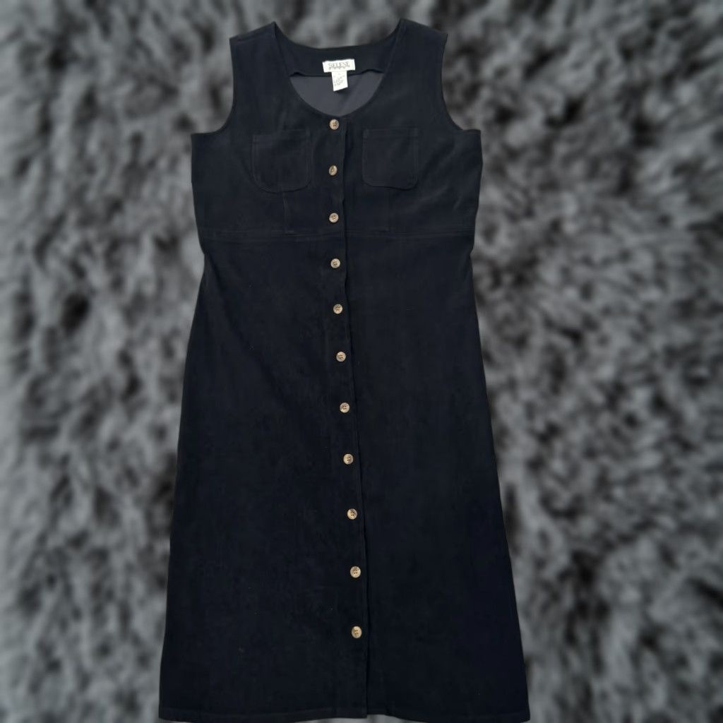 Velour VINTAGE Selene Sport Dress Midi Velour Layering Witchy Whimsigoth 90s K Y2K Black M Women Sleeveless Button Pockets Satin Lining Pockets Size M / US 6-8 / IT 42-44 - 1 Thumbnail