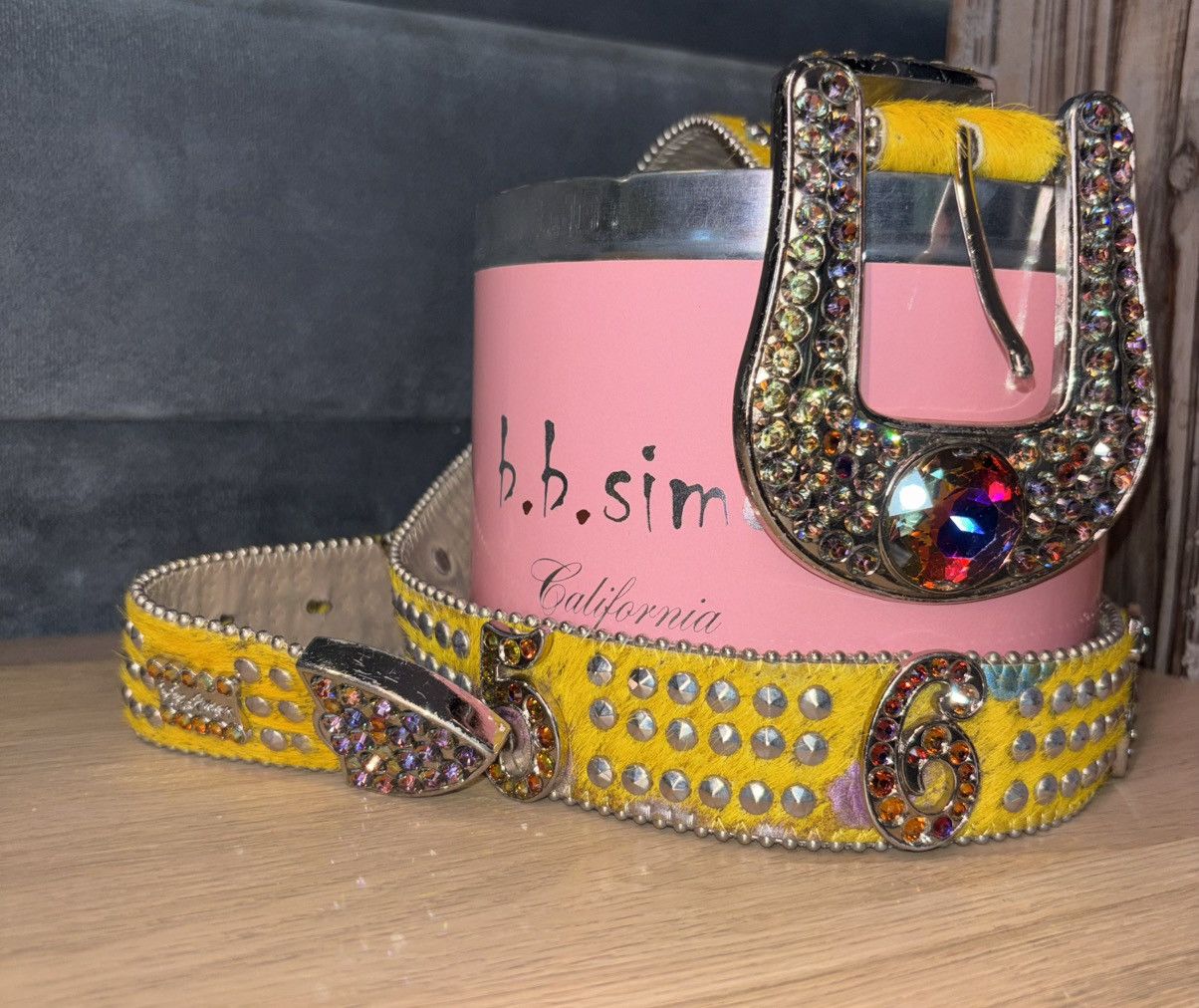B.B. Simon b.b. Simon Yellow Pony Hair Crystal Studded Belt Sz 36 Size 36 - 1 Thumbnail