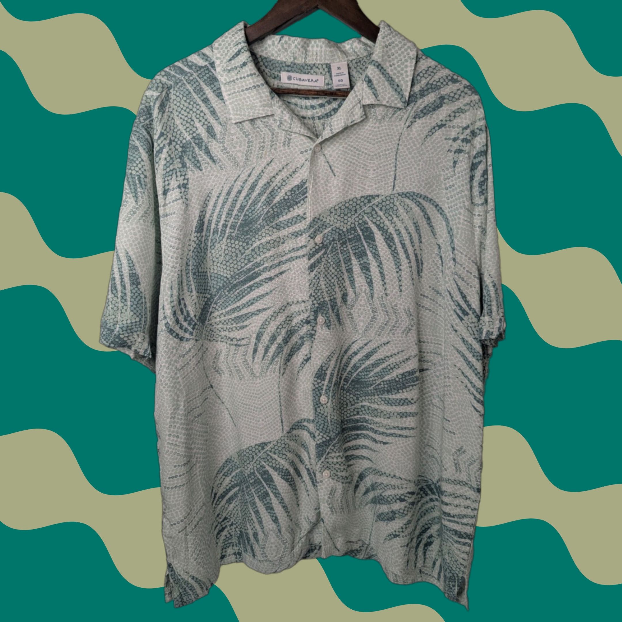 Cubavera CUBAVERA Hawaiian Shirt Button-Up Short Sleeve Palm Dotted Print Viscose Green Mens XL Band - Beach Vacation, All Seasons, Easy Care Size US XL / EU 56 / 4 - 1 Thumbnail