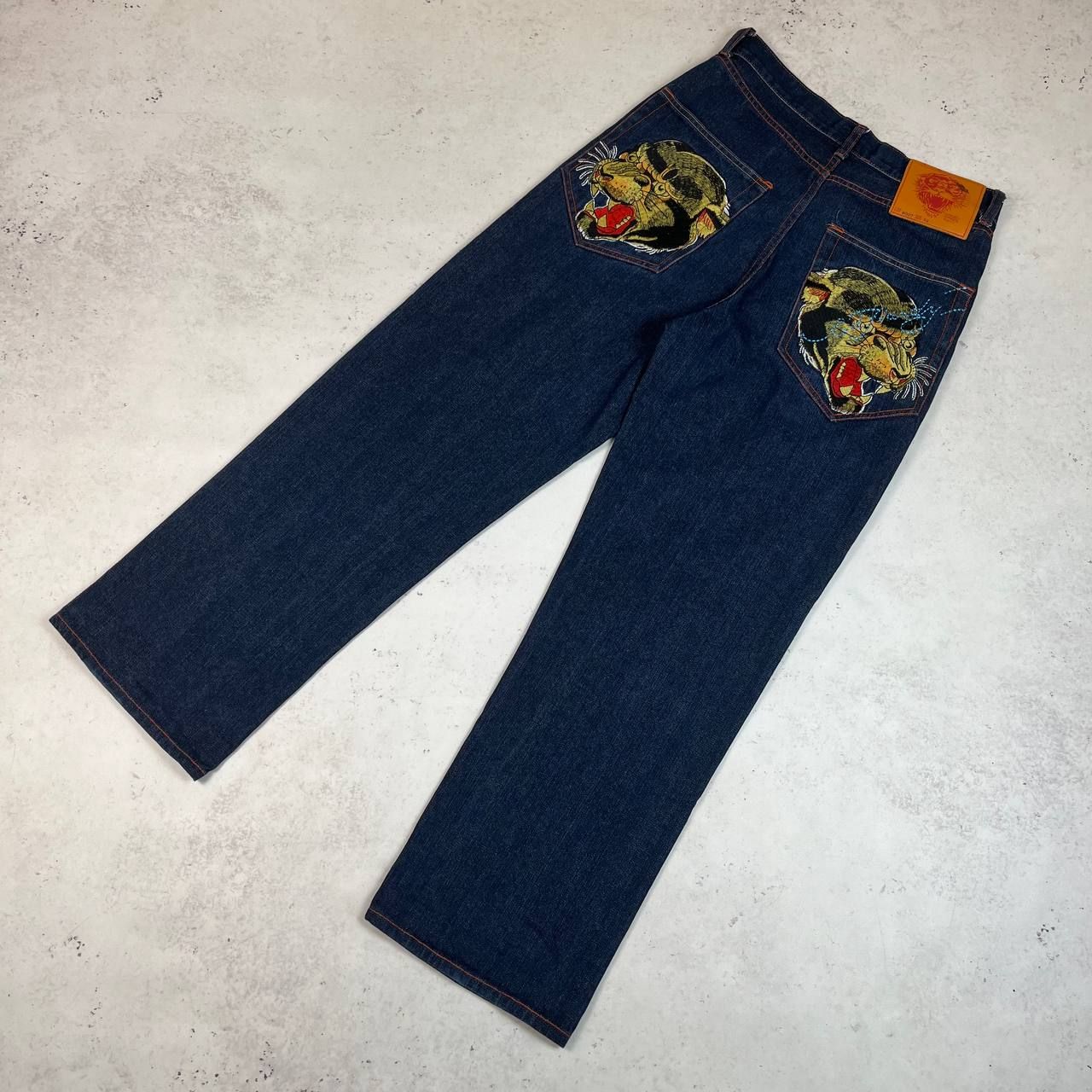 Pre-owned Christian Audigier X Ed Hardy Tiger Pocket Logo Denim Jeans Y2k In Blue