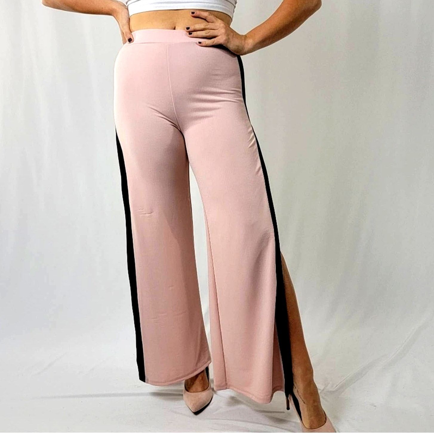 Vintage Vintage 90's Blush Nude Wide Split Leg Track Pants - M Size 28" / US 6 / IT 42 - 2 Thumbnail