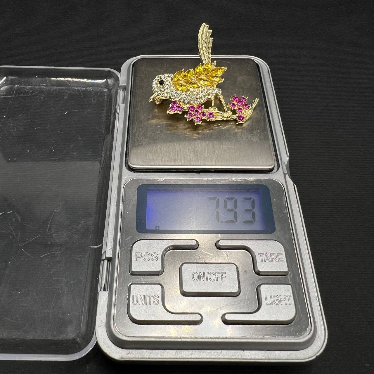Vintage Bird Brooch Yellow Rhinestone Pin Pink Flower Nature Size ONE SIZE - 6 Thumbnail