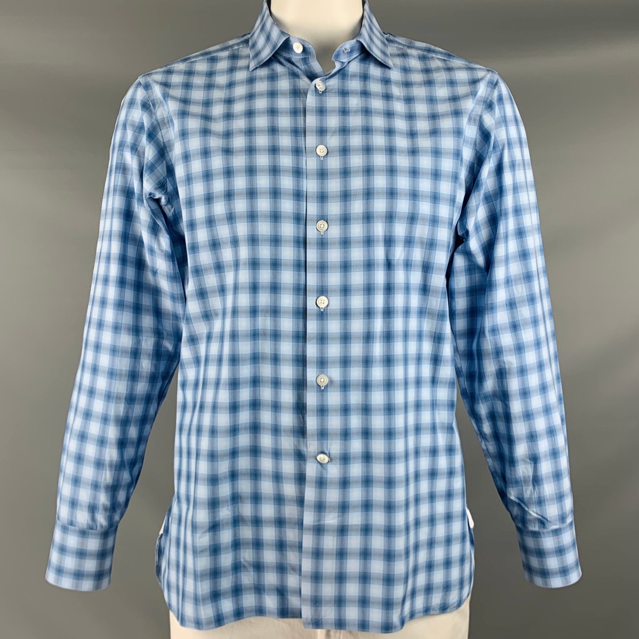 image of Blue Plaid Cotton Button Up Long Sleeve Shirt, Men's (Size 2XL)