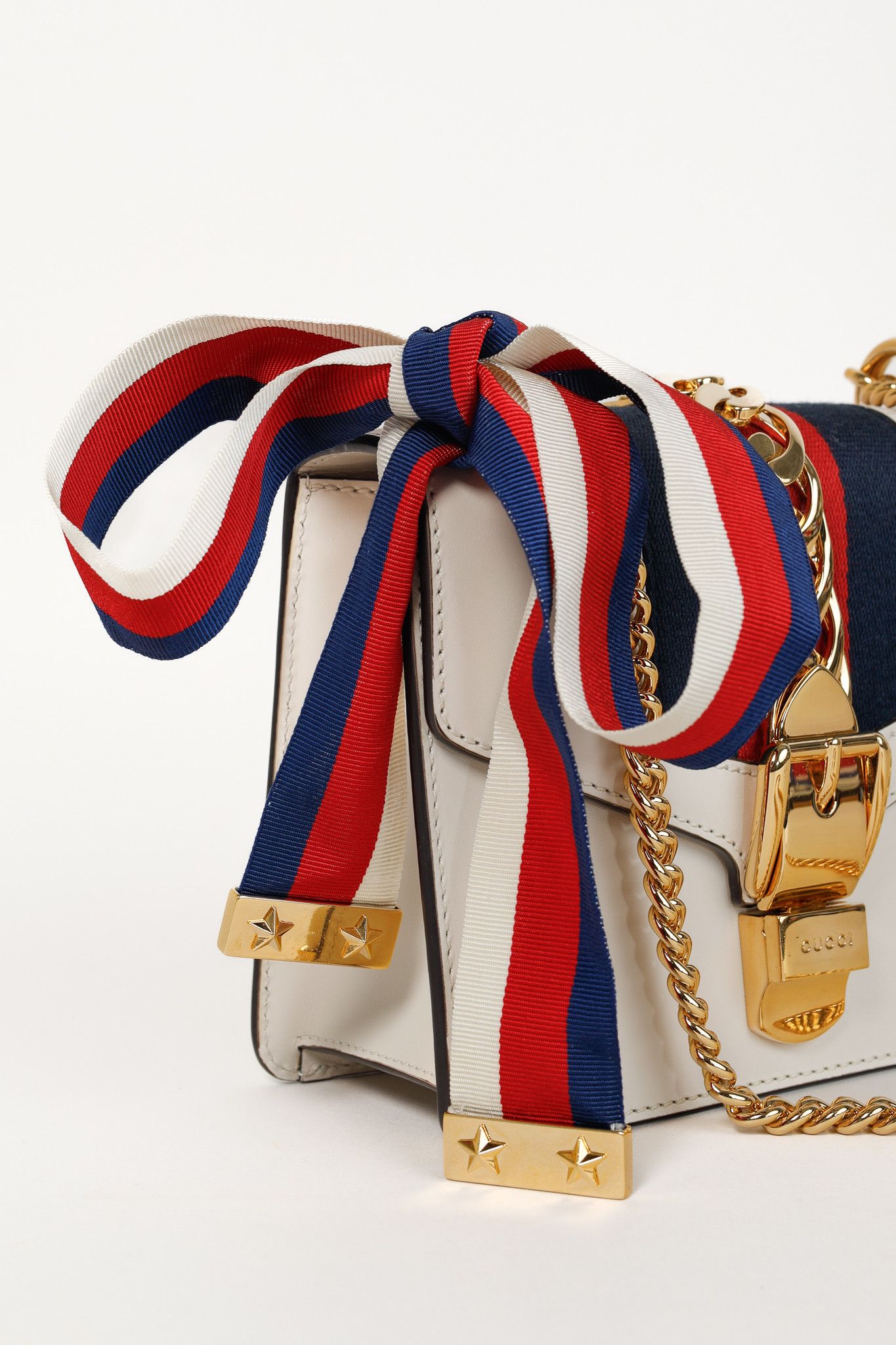 Gucci Gucci Sylvie Mini Chain White Leather Stripe-Web Bag Size ONE SIZE - 8 Thumbnail