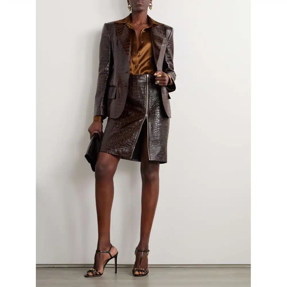 Tom Ford o1loc1c0325 GIL534 Croco Effect Leather Jacket in Dark Brown Size XS / US 0-2 / IT 36-38 - 3 Thumbnail