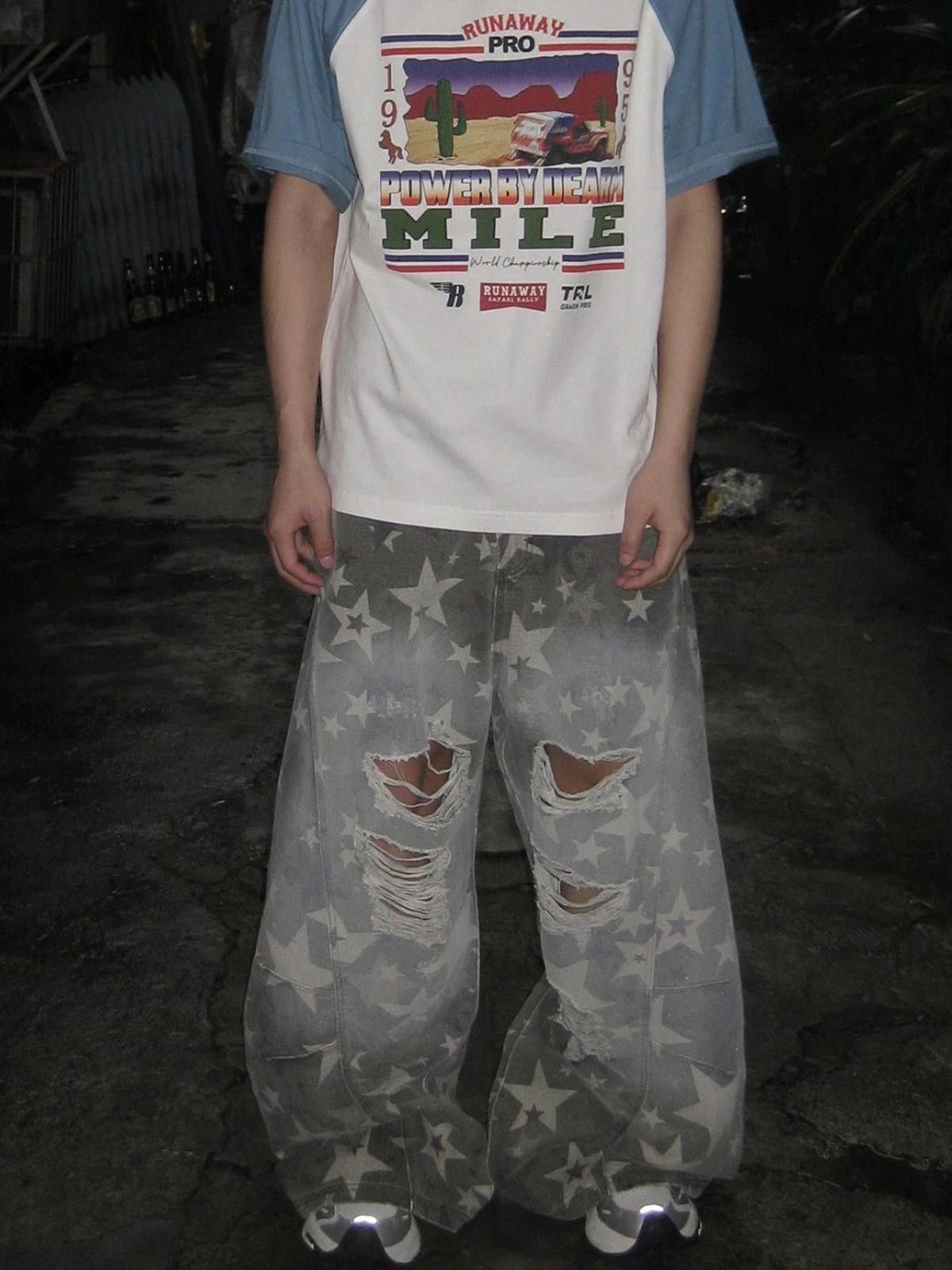 Japanese Brand Gray Star Print Distressed Baggy Jeans, Relaxed Fit Size US 32 / EU 48 - 2 Thumbnail