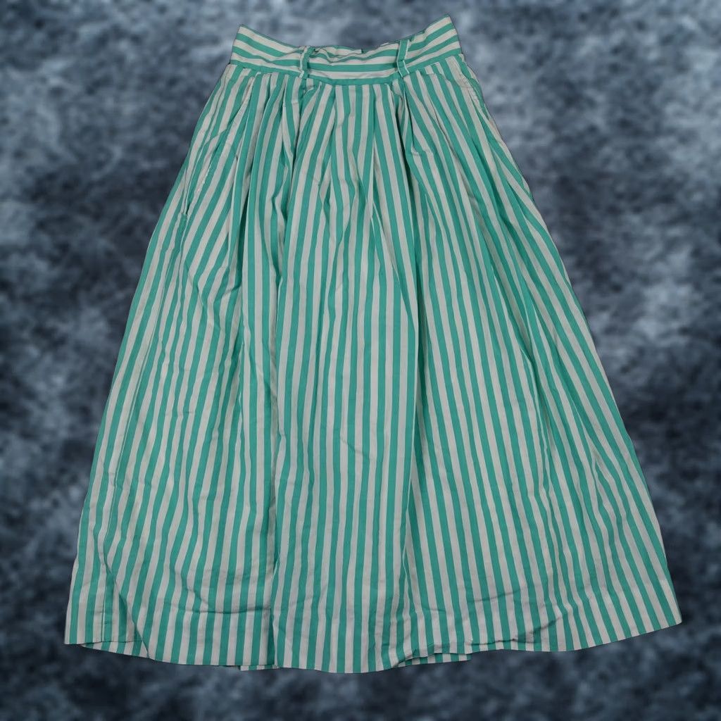 Nordstrom VINTAGE Nordstrom Skirt Womens 2 Teal White Stripe Pleated Midi Lined Pockets Size 26" / US 2 / IT 38 - 1 Thumbnail