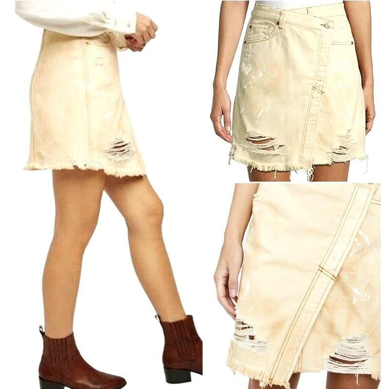 Free People Free People Parker Wrap Denim Mini Skirt Butter Cream 27 Size 27" / US 4 / IT 40 - 3 Thumbnail