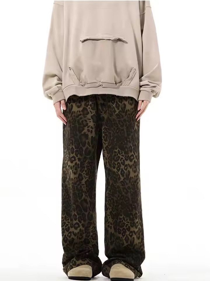 Japanese Brand 🐆 Y2K Grunge Baggy Jeans - Dark Brown Leopard Print Pant 🍂 Size US 31 - 1 Thumbnail