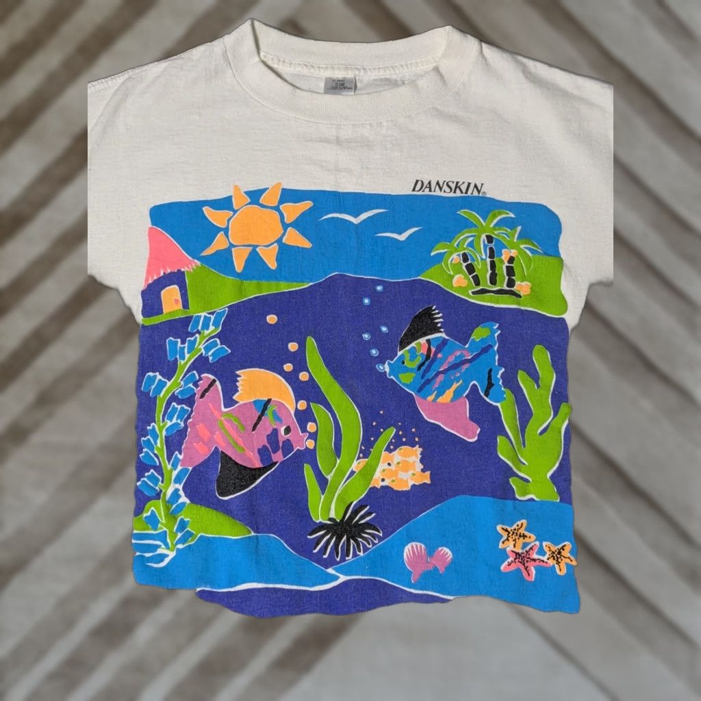 Vintage VINTAGE Danskin White TROPICAL ART Single Stitch T-Shirt L/XL Girls Womens Mens Size L / US 10 / IT 46 - 1 Thumbnail