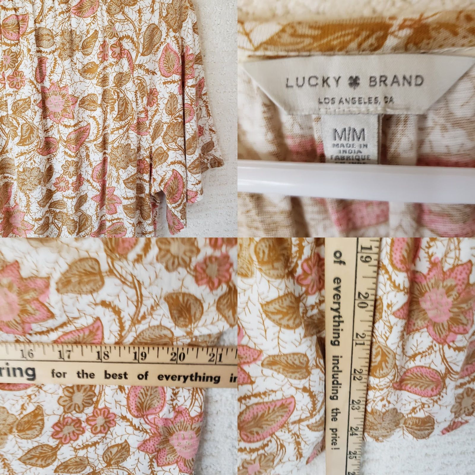 Lucky Brand Lucky Brand Blouse Women's M Peach Boho Peasant Floral 3/4 Sleeve Round Neck Elastic Front Cotton Multicolor Bohemian Relaxed Casual N/A Size M / US 6-8 / IT 42-44 - 9 Thumbnail