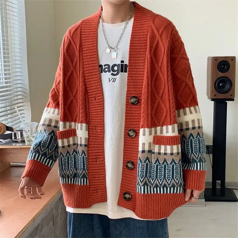 image of Retro Knitted Cardigan Men in Orange (Size 2XL)