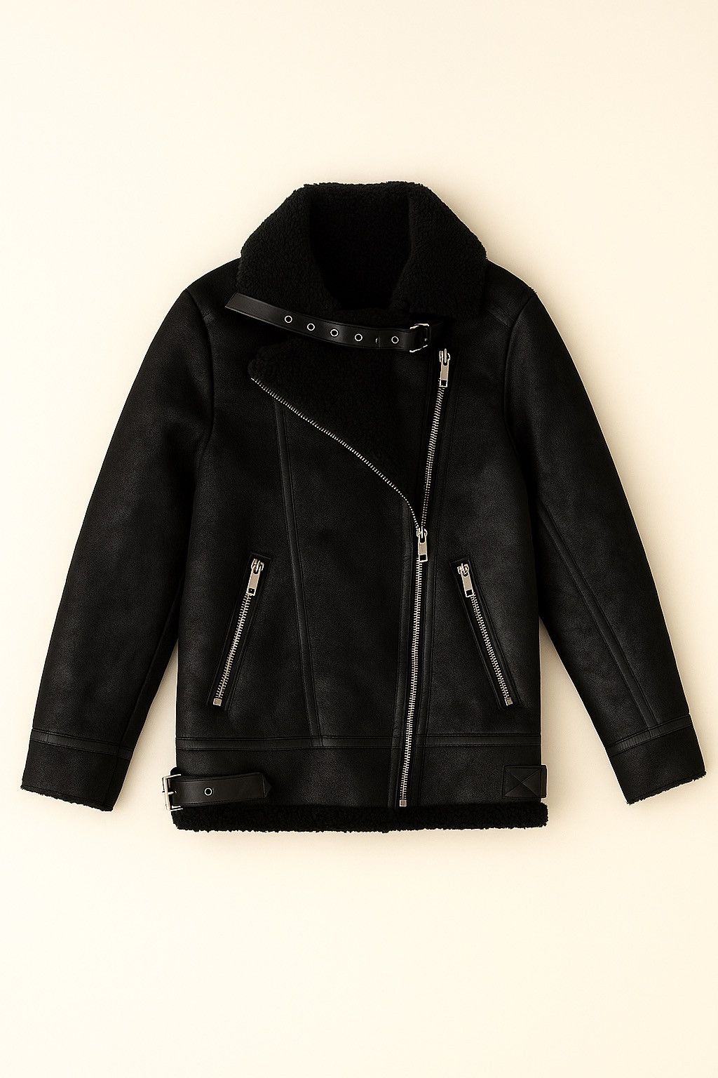 Other Faux Shearling Jacket – Black Biker-Style Winter Coat Size M / US 6-8 / IT 42-44 - 2 Thumbnail