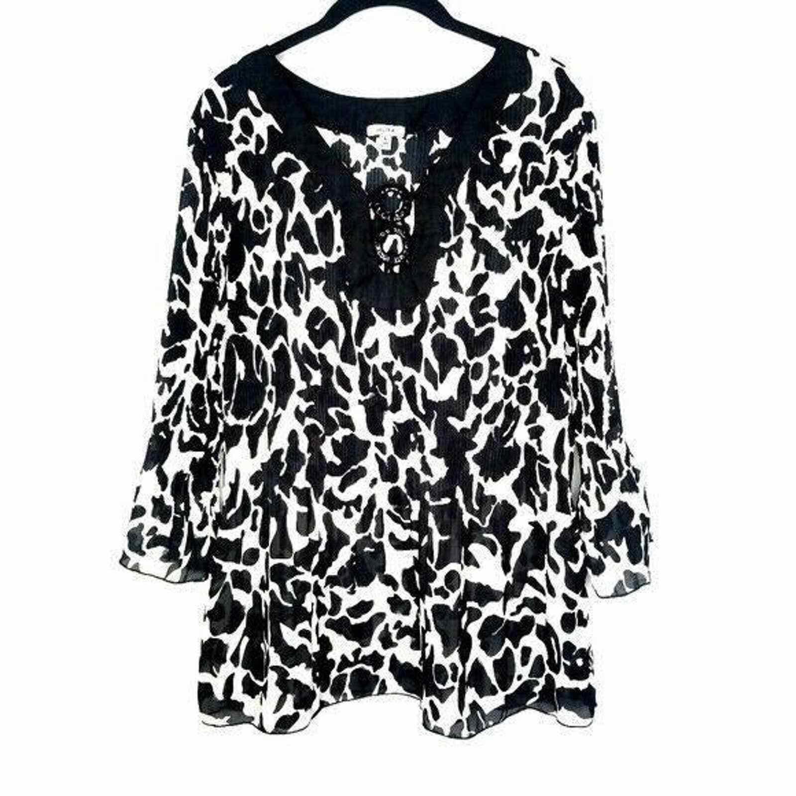 Nicole Club Nicola Blouse Bell Sleeved Thin Sheer Top Shirt Black White Size L / US 10 / IT 46 - 1 Thumbnail
