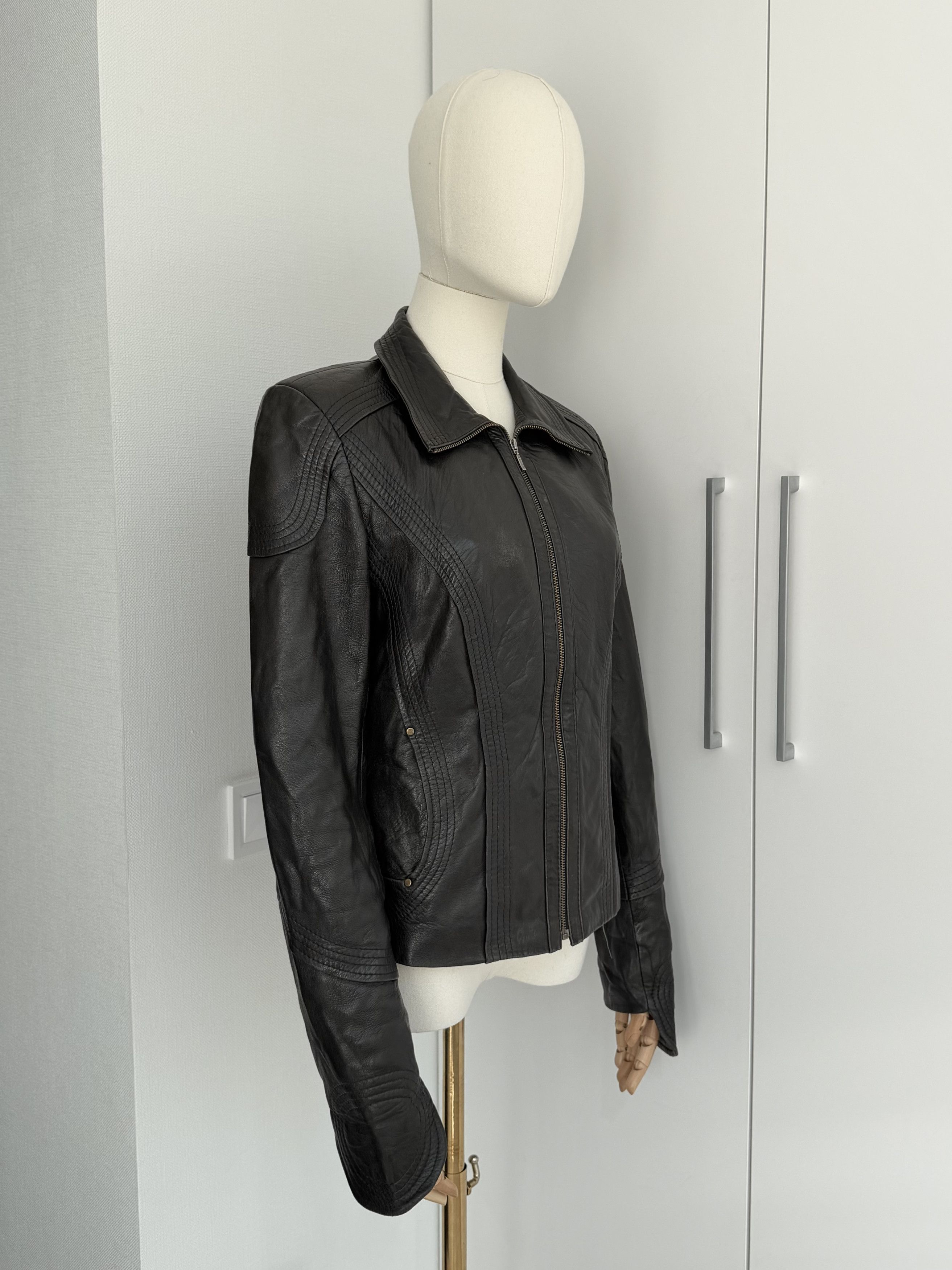Genuine Leather Leather Jacket Women Size M Fitted Zip Moto Minimalist Y2K Size M / US 6-8 / IT 42-44 - 2 Thumbnail