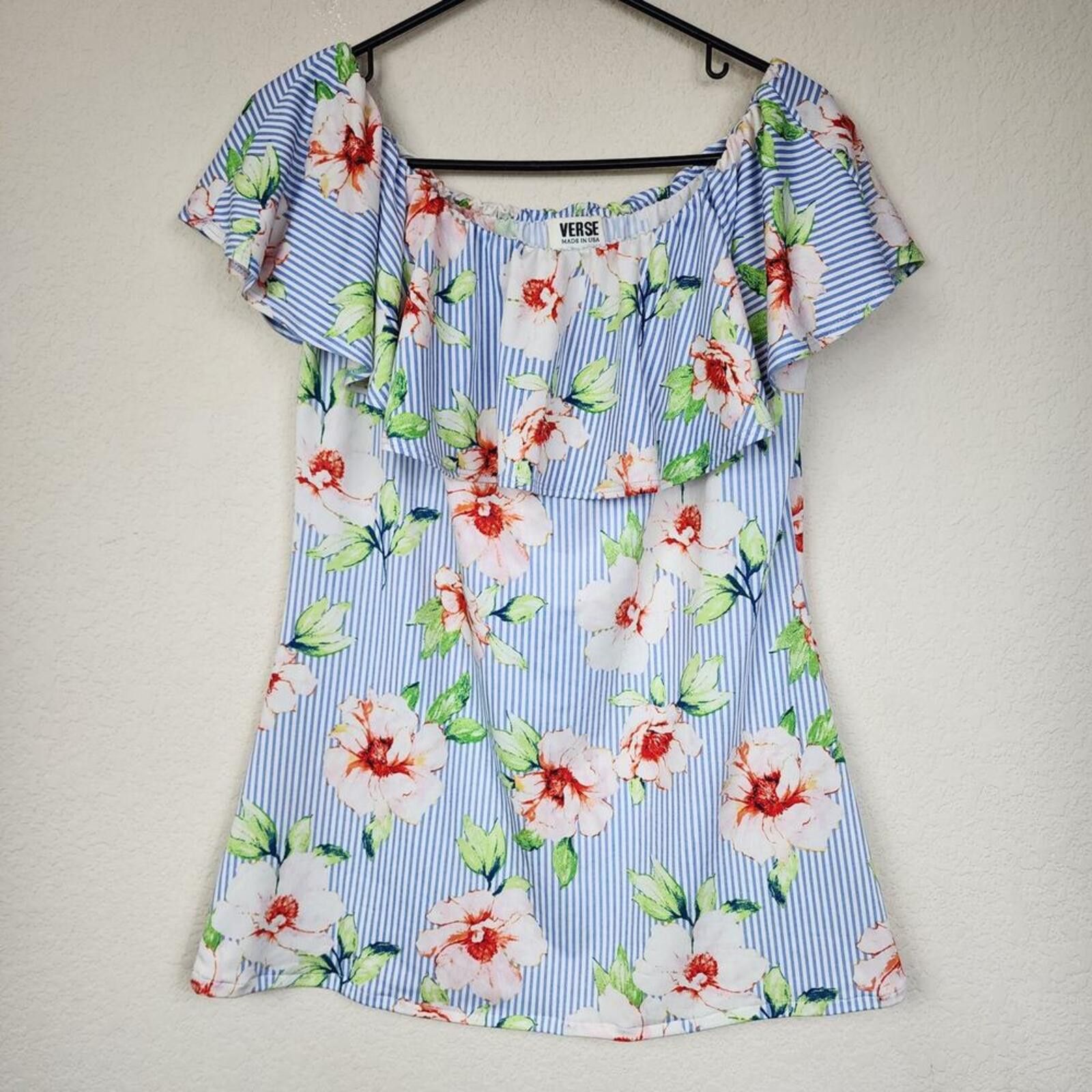 Versace Verse Floral Striped Blue White Blouse Size L / US 10 / IT 46 - 1 Thumbnail