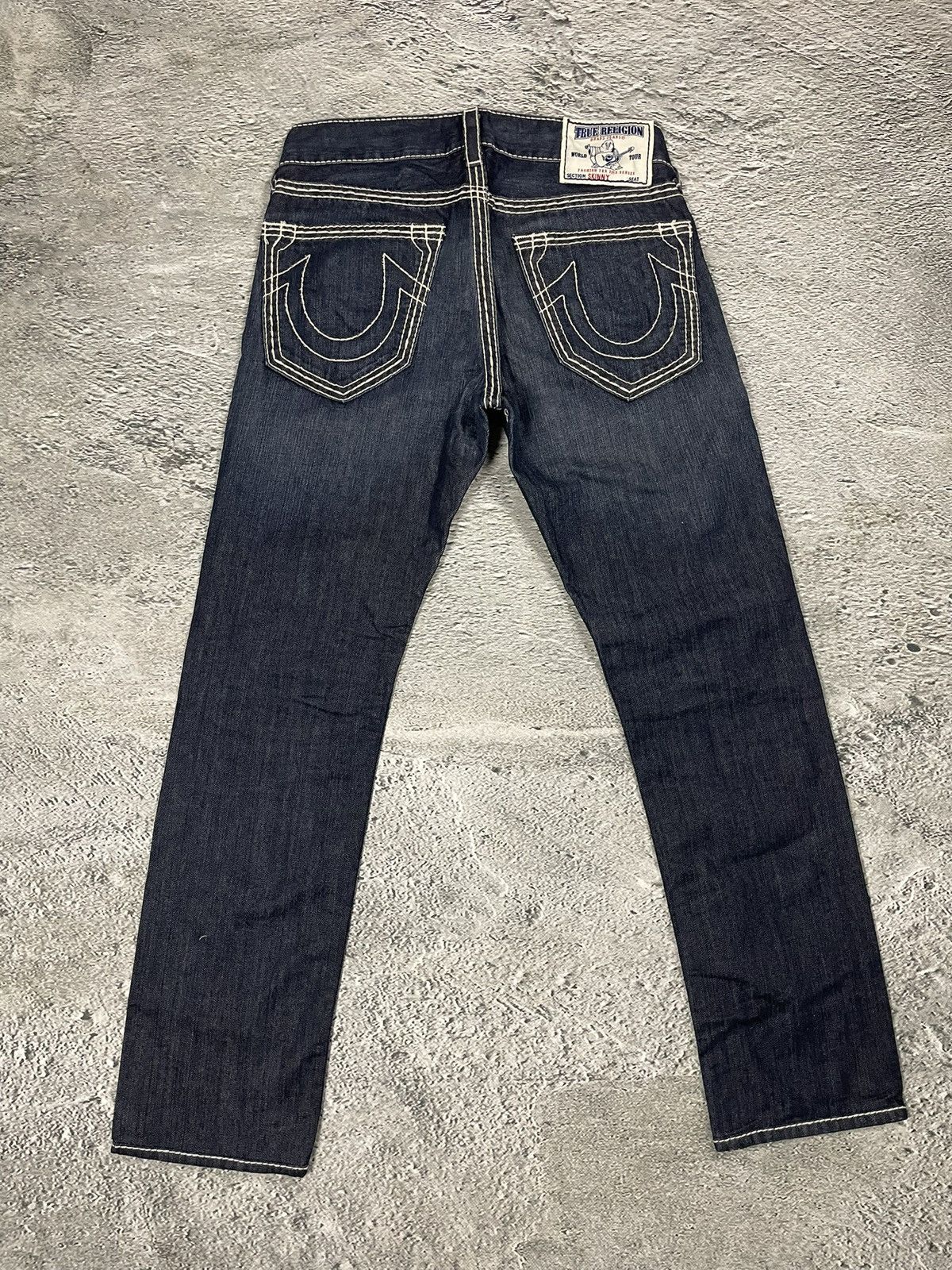 True Religion jeans navy blue white stitching straight Y2K
