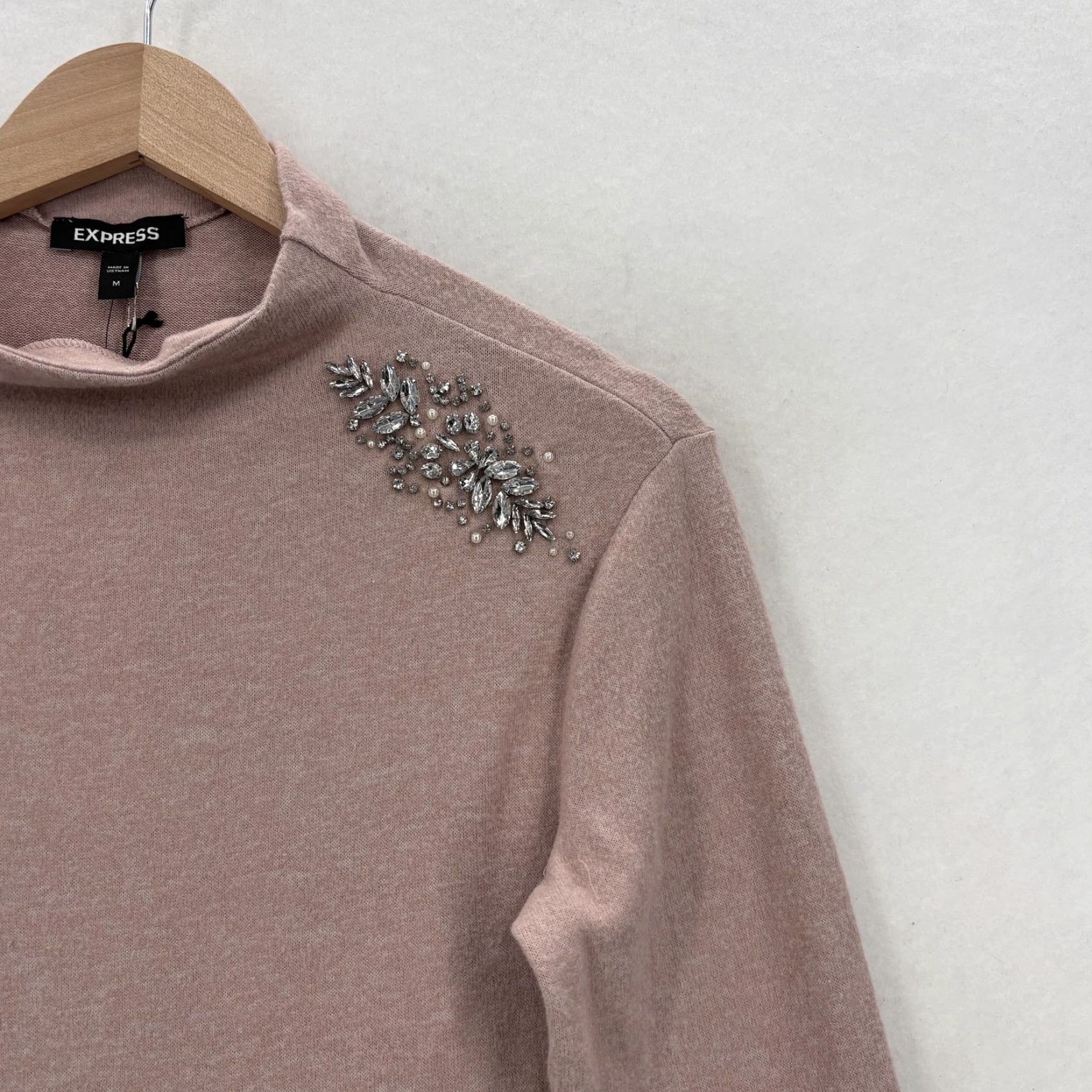 Express Express Pink Beaded Mock Neck Long Sleeve Sweater Womens Medium Knit Pullover, Lightweight, Jewel, Rhinestone Accents, Fall Casual Size M / US 6-8 / IT 42-44 - 2 Thumbnail