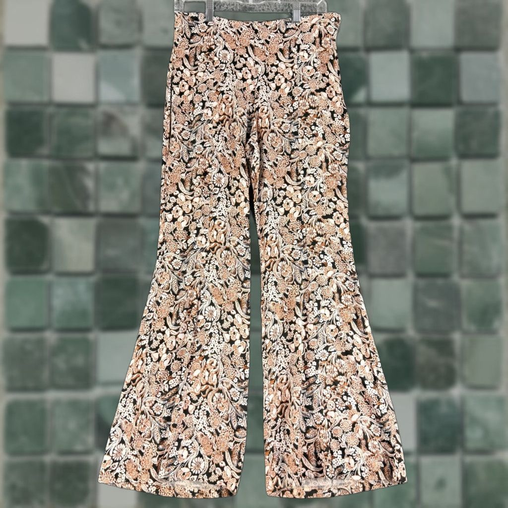 Anthropologie VINTAGE Anthropologie Satin Flare Pant Brown Floral High-Rise Side Zip Boho Hippie Size 32" / US 10 / IT 46 - 1 Thumbnail